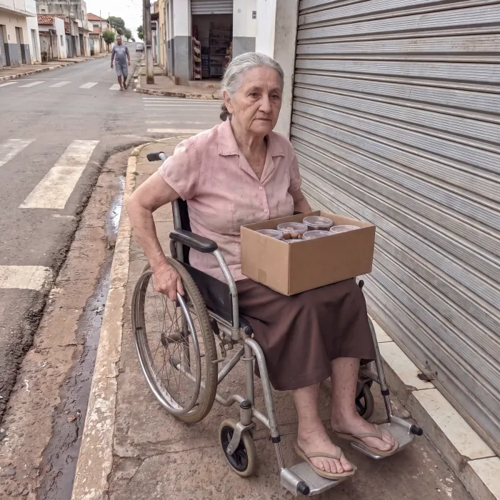 Neusa na calçada, com a caixa de doces no colo