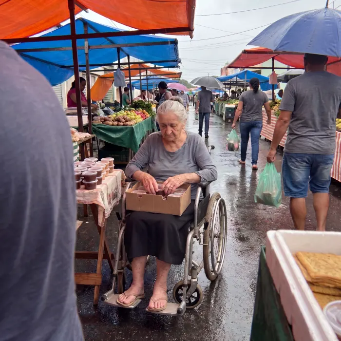 Neusa na feira em dia de chuva, organizando os doces na caixa apoiada no colo